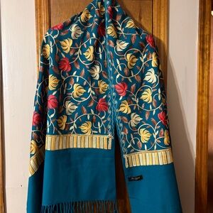 Woolen Embroidered Floral Teal Blue Scarf/ shawl